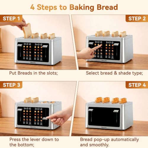 Mecity 4 Slice Touchscreen Toaster, 6 Bread Modes & 6 Browning Levels, Dual Touch Control Wide Slot Stainless Steel Electric Toaster with Memory, Defrost, 3-Min Auto Shutoff for White, Bagels, Waffles - color: 4 Slot-Brushed stainless steel
