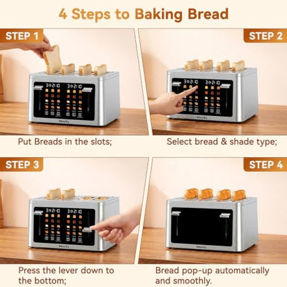 Mecity 4 Slice Touchscreen Toaster, 6 Bread Modes & 6 Browning Levels, Dual Touch Control Wide Slot Stainless Steel Electric Toaster with Memory, Defrost, 3-Min Auto Shutoff for White, Bagels, Waffles - color: 4 Slot-Brushed stainless steel