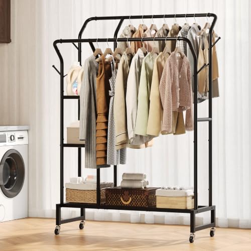 Yoobure Double Rods Clothes Rack - Portable Clothing Rack with Wheels, Rolling Garment Rack with 3-Tier Shelves & 4 Hooks, Freestanding Clothing Racks for Hanging clothes