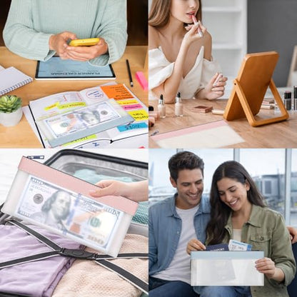 4 Pack Clear Money Envelopes for Cash Money Bag Pouch 7.6x3.7 inch - color: green, pink, blue, white