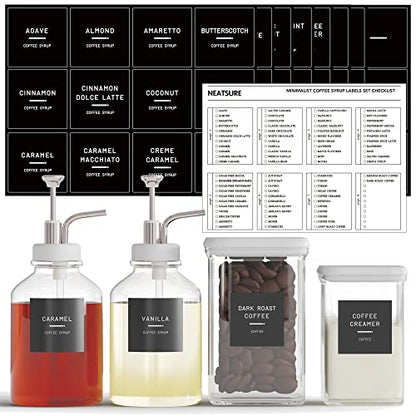 Neatsure 89 Coffee Syrup Labels for Coffee Bar Accessories, Minimalist Preprinted Coffee Stickers for Coffee Station, Essentials for Syrup Bottle & Dispenser Organization - style: Coffee Syrup Labels
