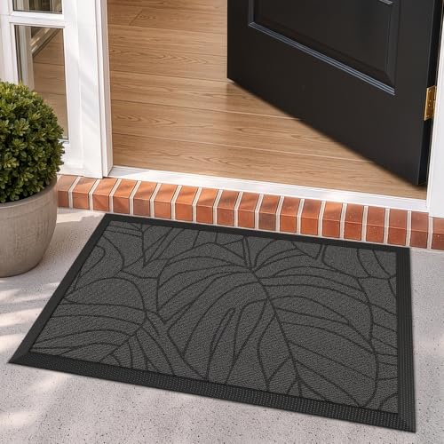LUMI Outdoor Door Mat Traps & Hides Dirt 20x32, Outside Entrance, Monstera - color: Grey Monstera, size: 1'8" x 2'8" (20"x32")