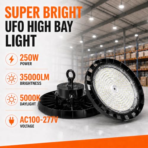 High Bay LED Shop Lights: 250W 5000K UFO Led Light 35000LM 6 Pack IP65 AC100-277V with US Plug 5' Cable - UFO Lights for Warehouse Shop Factory Garage - size: 250W/6Packs