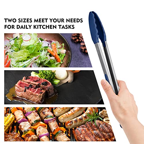 HOTEC Stainless Steel Kitchen Tongs with Silicone Tips, Set of 2-9" and 12" - color: Classic Blue:12+9inch