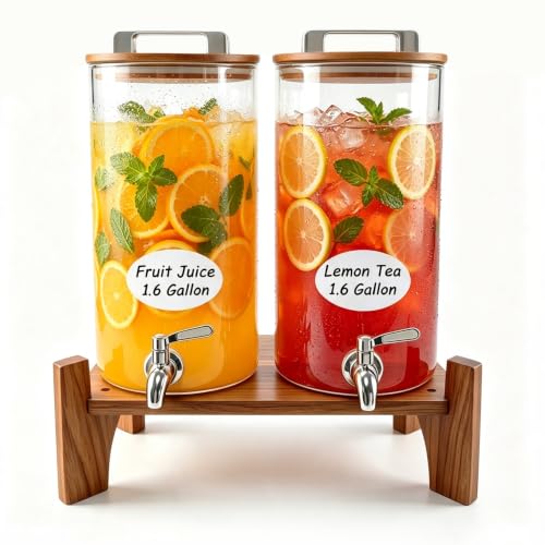 MerryNine Glass Drink Dispensers for Parties with Wood Stand, 1.6 Gallon