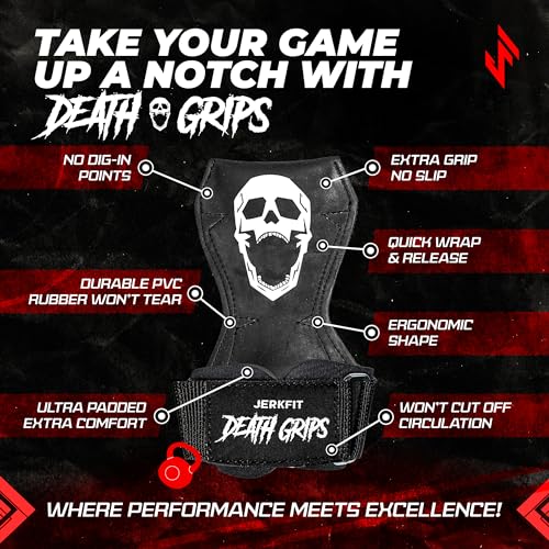 JerkFit Death Grips Premium Lifting Straps - Car Tire Grade Rubber PVC Wrist Straps for Shrugs, Pull Ups & Deadlifts with Neoprene Padded Support - size: Large