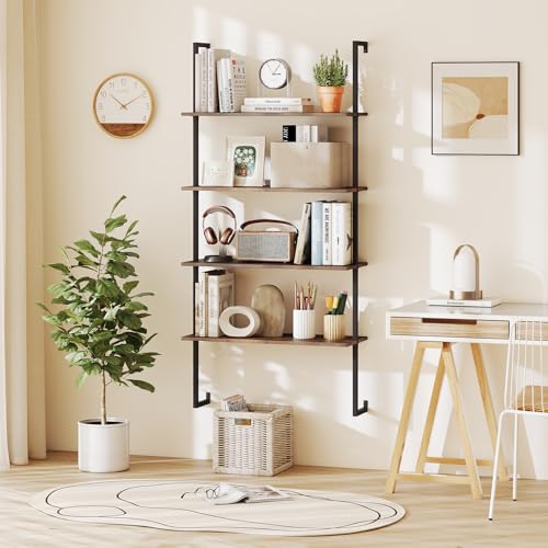 Tangkula 4-Tier Wall Mounted Bookshelf, Wood Ladder Shelf - color: Brown