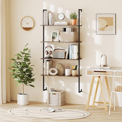 Tangkula 4-Tier Wall Mounted Bookshelf, Wood Ladder Shelf - color: Brown