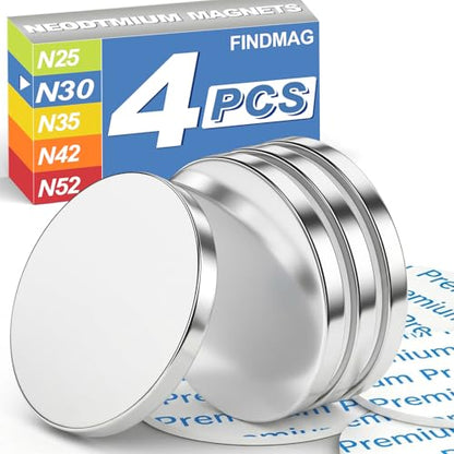 FINDMAG 4 Pcs Neodymium Disc Magnets, Adhesive Magnets, 1.18'' D x 1/8'' H - size: N30 Grade