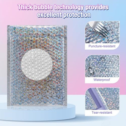 50 Pieces Holographic Bubble Mailers 3 Sizes - color: Glitter Silver