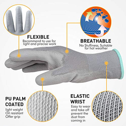 Ultra-Thin PU Coated Safety Work Gloves, 12 Pairs, Grey, Medium, Unisex - color: Pu Coating (Grey), size: Medium