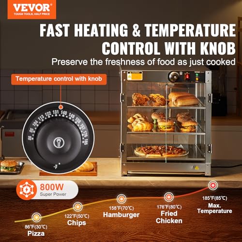 VEVOR 3-Tier Commercial Food Warmer Display, 800W Food Display Warmer with Light to Enhance Food Display, 86℉~185℉ Temperature Control, 90L Large Capacity for Hamburger, Pizza, Bread, Fried Chicken - size: 3-Tier-95Qt