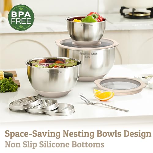Mixing Bowles Set with Lids Set - Warp-Proof TPR-AS Lids, Stainless Steel Mixing Bowl with 3 Graters & Measuring Lines, Non-Slip Bowls for Baking, Prep, Airtight Food Storage (Khaki 5/3/2/1.5/0.63QT) - color: Khaki