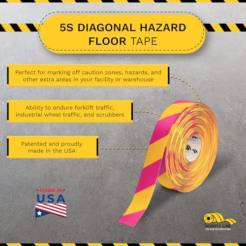 Mighty Line Diagonal Hazard Floor Marking Tape, 100 ft Roll - size: 2 inch, style: Yellow With Magenta Chevrons