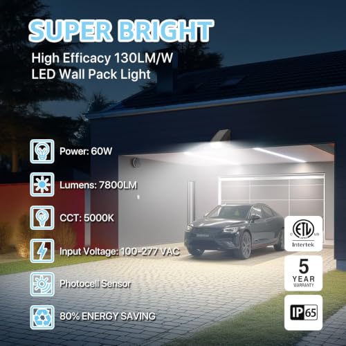 HYPERLITE Wall Pack 60W: 7800lm Dusk to Dawn Photocell - Led Wall Packs Outside Lighting ETL Listed, Ideal Adjustable Security Lights Outdoor for Barn Warehouse Driveway Shed Alleyways Patio Entrance - size: 60W