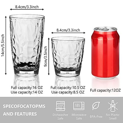 Topsky Reusable Plastic Cups, Shatter Proof Drinking Glasses, Unbreakable Tumblers for Home, Picnic, Party - Dishwasher Safe, Stackable | 10-oz, 16-oz - color: Clear 8pcs.