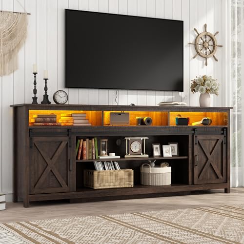 Vinctik 6&Fox 80in Wooden Farmhouse Entertainment Center for 90/85 inch TV,Double Layer Storage Farmhouse TV Stand,Double-Row Sockets with Wood Sliding Barn Door TV Stand(Double Layer Rustic Brown) - color: Rustic Brown, size: 80.7in