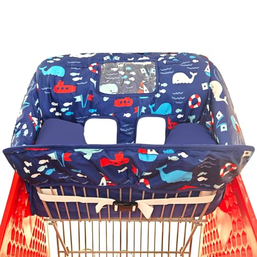 Soft Pillow Attached 2-in-1 Shopping Cart and High Chair Cover for Baby, Cotton Padded Cart Cover, Fold'n Roll Style, Portable with Carry Bag (Navy Blue Whale) - color: Navy Blue Whale