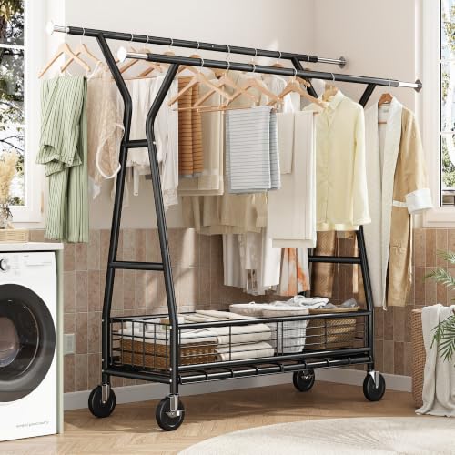 Raybee Clothes Rack, 630LBS Heavy Duty, Double Rods with Storage Basket - color: Black, style: Double Rods