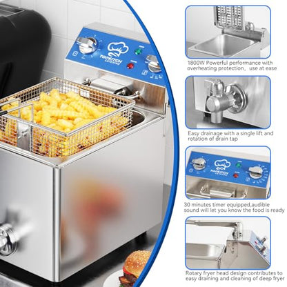 TOPKITCH 6.3Qt Electric Fryer with Oil Drain,30 Minutes Timer,Stretch forming oil tank,Lid and Solid Wire Mesh Basket,Light Duty Commercial Electric Countertop Deep Fryers-120V,1800W - size: 6.3QT