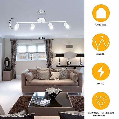 BoostArea LED 4 Light Track Lighting Kit, White 4 Way Ceiling Spot Lighting, Flexibly Rotatable Light Head for Kitchen, Living Room, Bedroom, Bulb Not Included - color: 4 Light-white
