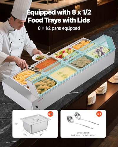 VEVOR Commercial Food Warmer, 1700W Electric Stainless Steel Steam Food Warmer with Glass Cover, 8-Pan Countertop Buffet Bain Marie with Soup & Perforated Ladles, for Catering, Restaurant & Party - size: 8x1/2Pan ;96QT