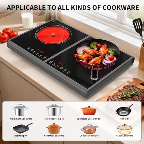 GIHETKUT Electric Cooktop,110V 3600W Stove top, 20 inch Countertop with 9 Power Levels,LED touch control,Overheat Protection,Child Safety Lock & Timer,touch control 2 burner Electric cooktop - size: 2 burner electric cooktop