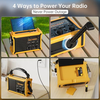 NOAA Weather Radio, 12000mAh Emergency Portable Radio, Hand Crank & Solar - color: Yellow