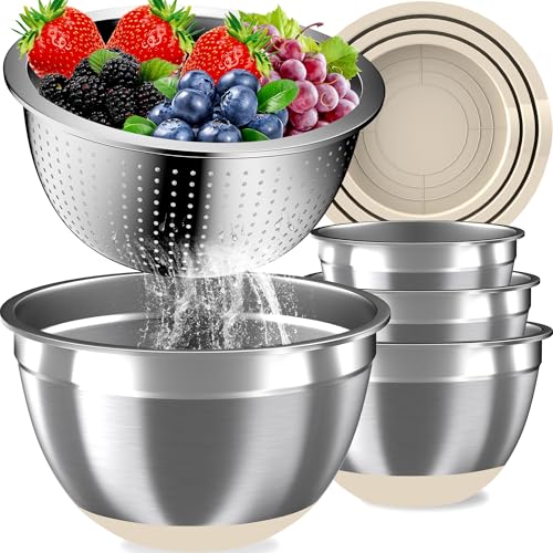 Mixing Bowls with Airtight Lids Set, 4 Stainless Steel Bowls Nesting Bowls & Colander, Kitchen Organizers and Storage Non-Slip Bottom, Size 1.5/2.0/2.5/4.5QT, Great for Mixing & Serving, Khaki - color: Khaki