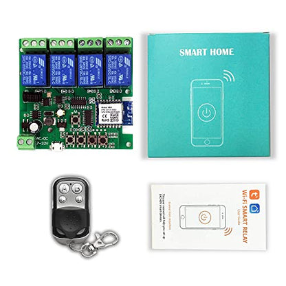4 channelsWiFi Wireless Smart Switch Inching Self-locking Relay Module, be applied to access control Tuya SmartLife APP,DIY WIFI Garage Door Opener With 433 MHz RF remote control - color: DC4+433, size: Tuya