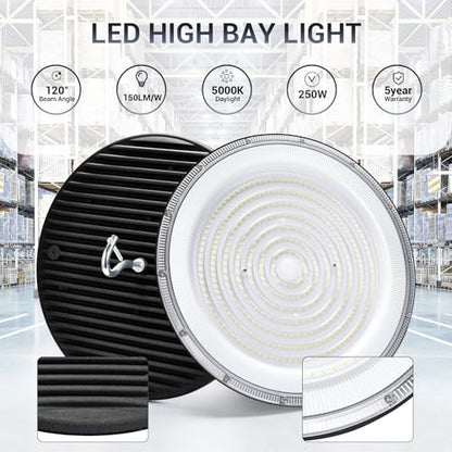 XYCN 6 Pack 250W UFO Led High Bay Light,120VAC,5000K Daylight Commercial Bay Lighting,IP66 Waterproof,41050LM,1150W MH/HPS with Plug Area Lighting for Warehouse/Shop/Workshop/Barn/Gym/Factory - size: 251W 6pack UFO high bay light