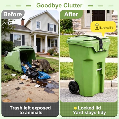 Trash Can Lid Lock Strap for Raccoons & Animals, Outdoor Garbage Can Lock with Double-Claw Hooks, Adjustable for 28-96 Gallon Bins, Windproof