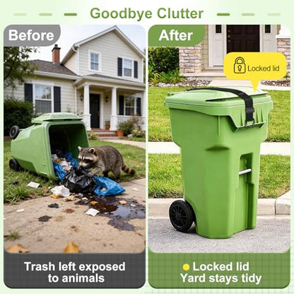 Trash Can Lid Lock Strap for Raccoons & Animals, Outdoor Garbage Can Lock with Double-Claw Hooks, Adjustable for 28-96 Gallon Bins, Windproof