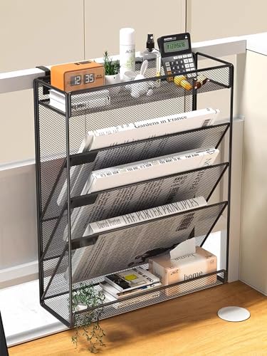 5 Tier Mesh Wall File Organizer,3 Pockets vertical Mount Hanging Organizer with Top/Bottom Tray | 2 Hooks | Wall Mount & Door Hanging for Office Home