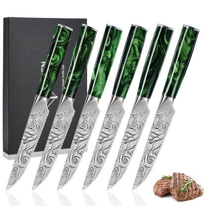 SENKEN Professional 6-Piece Steak Knife Set with Beautiful Engraved Pattern - Wasabi Collection - Razor Sharp Serrated High Carbon Steel & Emerald Green Resin Handle (6 Piece Steak Knife Set) - size: 6-Piece Steak Knife Set