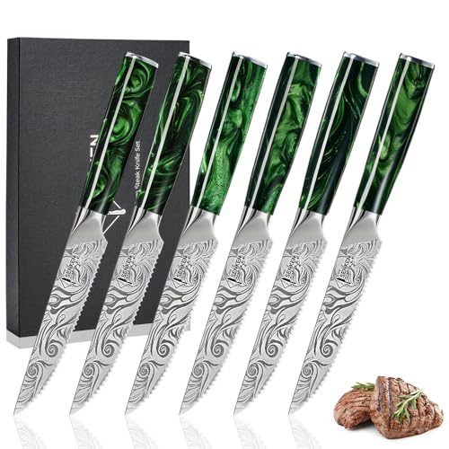 SENKEN Professional 6-Piece Steak Knife Set with Beautiful Engraved Pattern - Wasabi Collection - Razor Sharp Serrated High Carbon Steel & Emerald Green Resin Handle (6 Piece Steak Knife Set) - size: 6-Piece Steak Knife Set