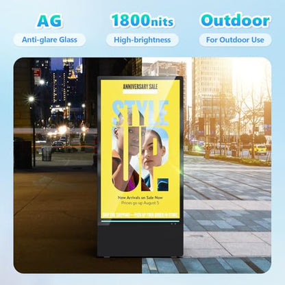 43 inch Outdoor Digital Signage Display, LCD 4K UHD 1800-Nit IP55 Waterproof Advertising Portable Kiosk with Rechargeable Battery, Auto Brightness, Split Screen USB/WiFi Playback Media Player - size: 43inch