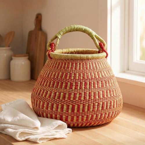 African Bolga Basket with Handle, 16-Inch Red Woven Harvest Basket for Garden Vegetables, Market Shopping, Storage and Home Decor - size: Checkerd Red