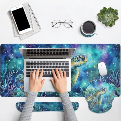 Britimes Keyboard Mouse Pad Set, 4 in 1 Desk Mat Set, Ocean Turtle - color: Turtle Galaxy
