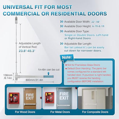 IRONWALLS Heavy Duty Panic Bars for Exit Doors, 41" Commercial Push Bar Panic Exit Device with Door Lever & 32" Panic Bar with Vertical Rod, Stainless Steel Panic Door Hardware for Double Doors