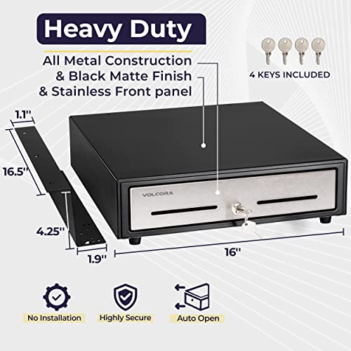 Volcora Cash Register Drawer with Under Counter Mounting Bracket- 16" Black/Stainless Steel Front Drawer for POS, Fully Removable 2 Tier Cash Tray 5 Bill 8 Coin Compartment 12-24V RJ11/RJ12 Key-Lock - color: Black and Stainless Steel, size: 16" - 5 Bill 8