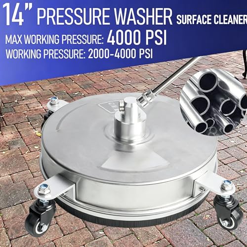 Hourleey 14" Pressure Washer Surface Cleaner, Stainless Steel Surface Cleaner with 4 Wheels for Concrete, Patio, Sidewalk, Deck, Pathway 1/4" Quick Connector, 2 Extension Wand, 4000 PSI - size: 14 Inch
