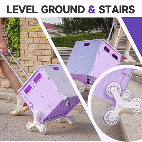 Rolling Crate with Stair Climbing Wheels, Foldable Utility Cart with Detachable Lid & Telescoping Handle, Portable Rolling Cart Tote Basket for Teacher Upstairs Grocery Shopping