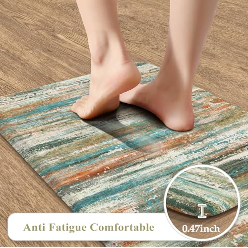 KIMODE Kitchen Mats Cushioned Anti Fatigue,Cyan Abstract Farmhouse Rugs - color: Cyan/Multi, size: 17.3" x 47"+17.3" x 29"--0.47 inches