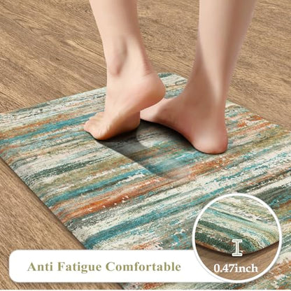 KIMODE Kitchen Mats Cushioned Anti Fatigue,Cyan Abstract Farmhouse Rugs - color: Cyan/Multi, size: 17.3" x 47"+17.3" x 29"--0.47 inches