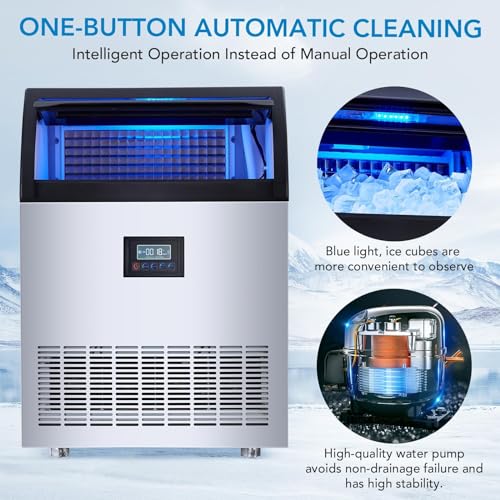 Commercial Ice Maker – 250 Lbs/24h Production, 60 Lbs Storage Bin, 50 Cubes Per 15 Minutes, Adjustable Thickness, Built-in/Freestanding, Self-Cleaning, ETL Certified – for Home, Bar, Restaurant