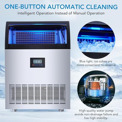 Commercial Ice Maker – 250 Lbs/24h Production, 60 Lbs Storage Bin, 50 Cubes Per 15 Minutes, Adjustable Thickness, Built-in/Freestanding, Self-Cleaning, ETL Certified – for Home, Bar, Restaurant
