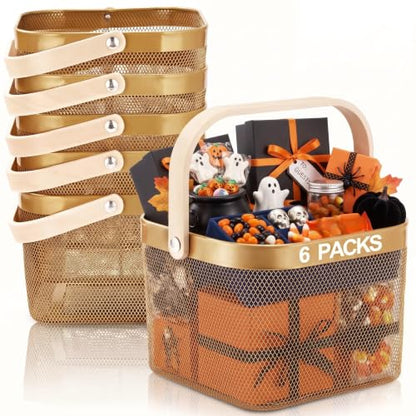 Roshtia 6 Pcs Metal Mesh Basket with Handle, Fall Halloween Garden Basket - color: Gold, size: 9.65 x 9.65 x 7.09 Inch