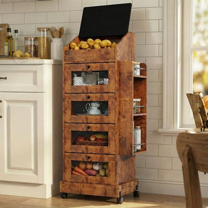 ARTETHYS Potato Storage Bin 5-Tier Rolling Bread Box Cabinet with Side Rack - color: Rustic