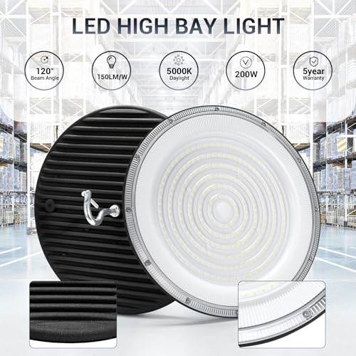 XYCN 6 Pack 200W UFO Led High Bay Light,IP66 Waterproof,120VAC,30500LM 5000K Daylight Commercial Bay Lighting,850W MH/HPS with Plug Area Lighting for Warehouse/Shop/Workshop/Barn/Gym/Factory - size: 200W 6pack UFO high bay light